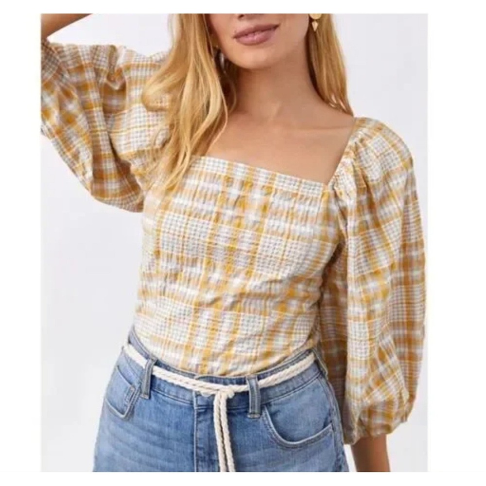 Anthropologie Yellow and White Plaid Square-Neck Puff Sleeve Top
